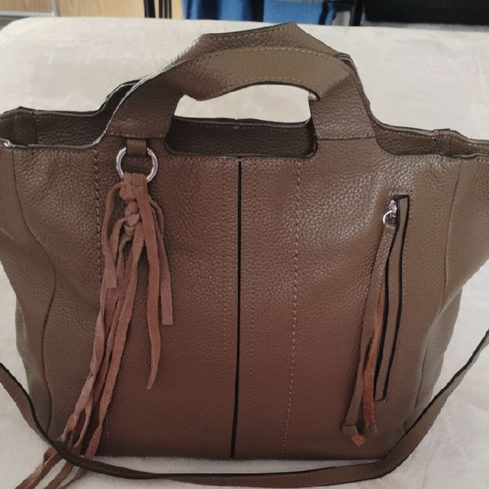 Vince Camuto Taupe Leather Tote with Tassel
